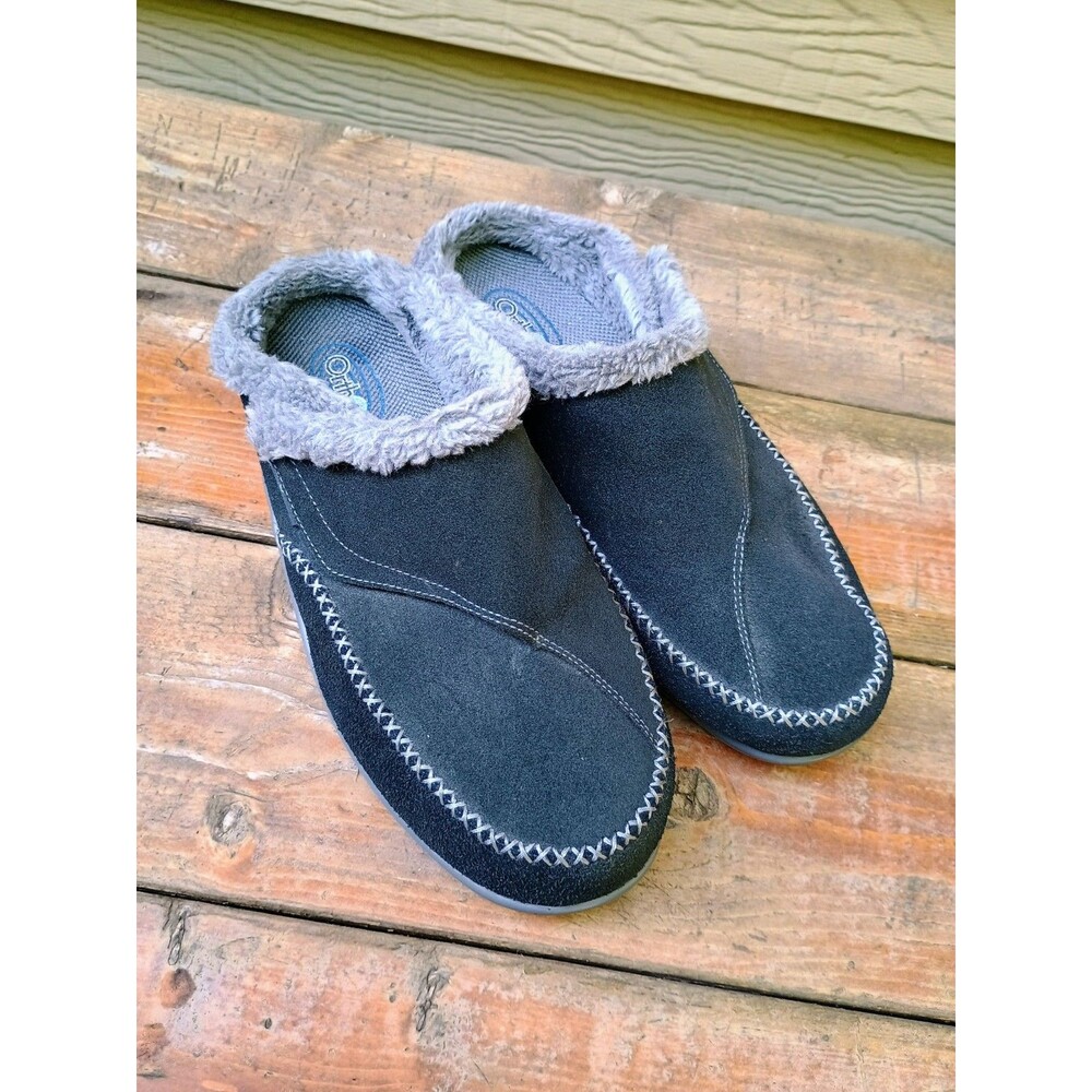 OrthoFeet Faux Fur Lined "Charlotte" Black/Gray Slippers 9.5 Extra Wide
